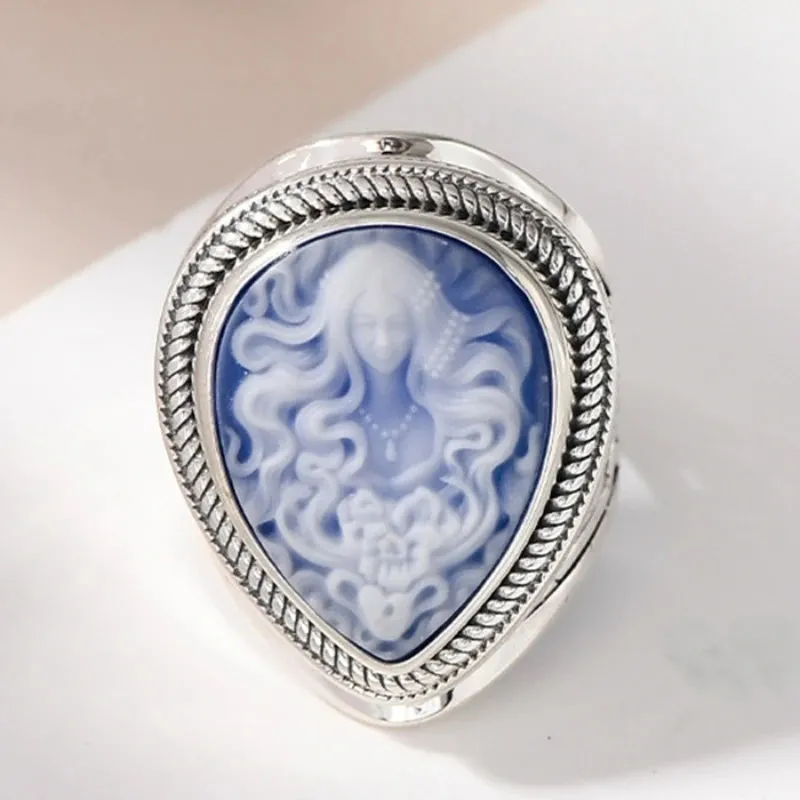 Elena's Spirit S925 Sterling Silver Rings Waterdrop Shaped Shell Agate Cameo Jewellery