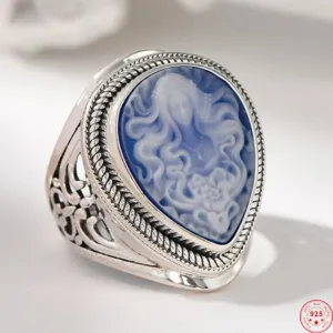 Elena's Spirit S925 Sterling Silver Rings Waterdrop Shaped Shell Agate Cameo Jewellery