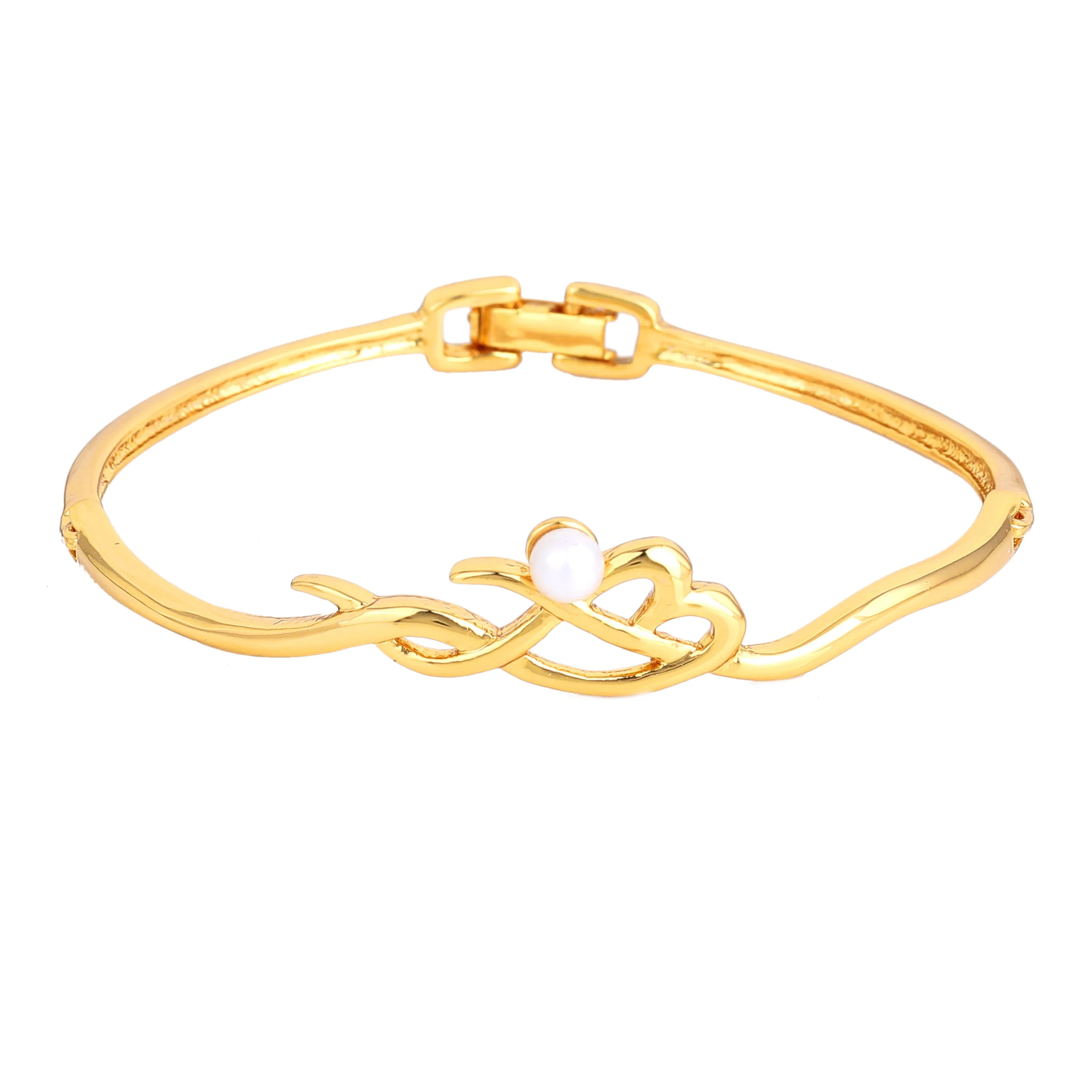 Estele Gold Plated Calligraphic Designer Pearl Cuff Bracelet for Women