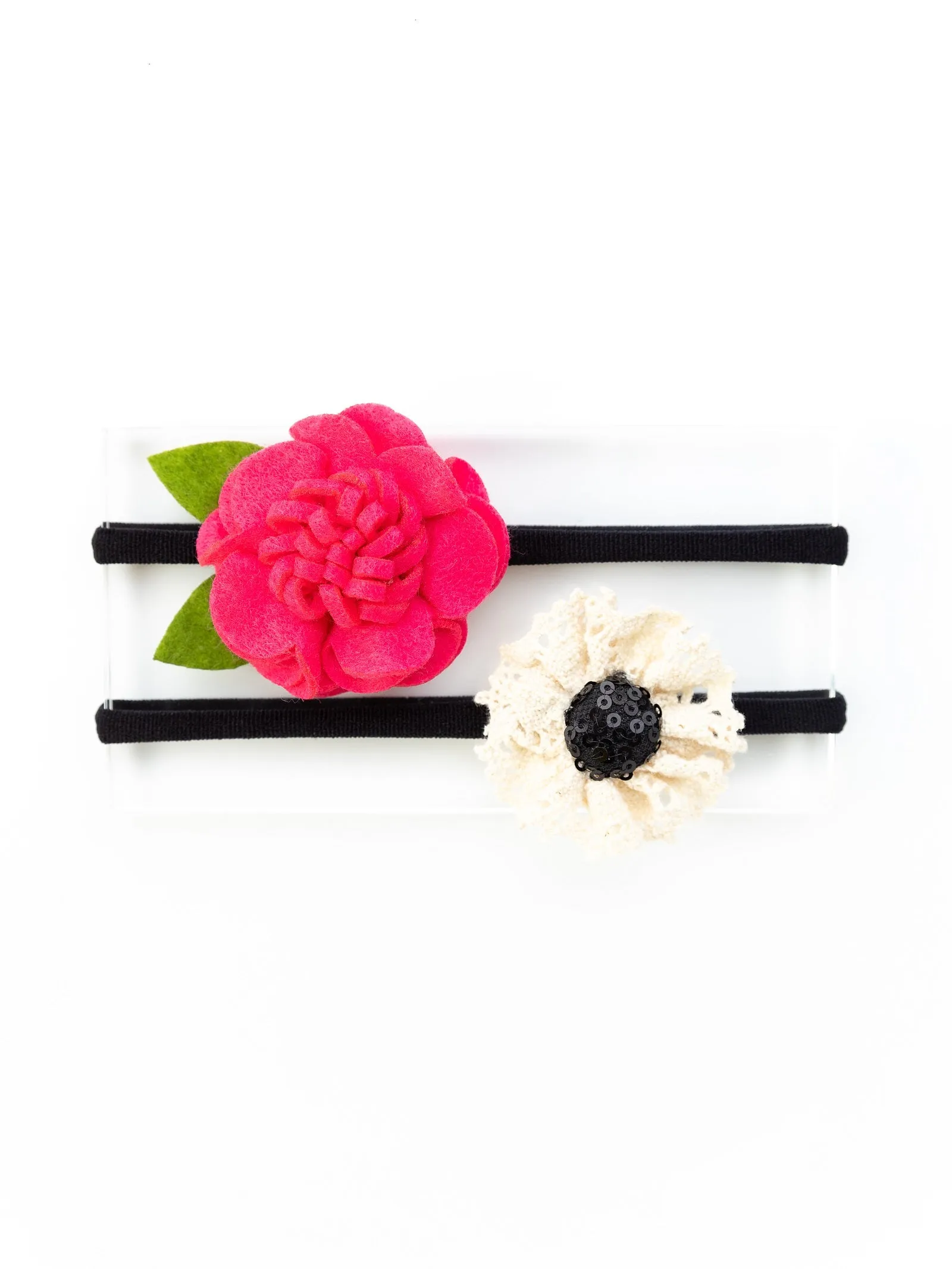 Felt & Lace Flower Headband- Fuchia Pink & White