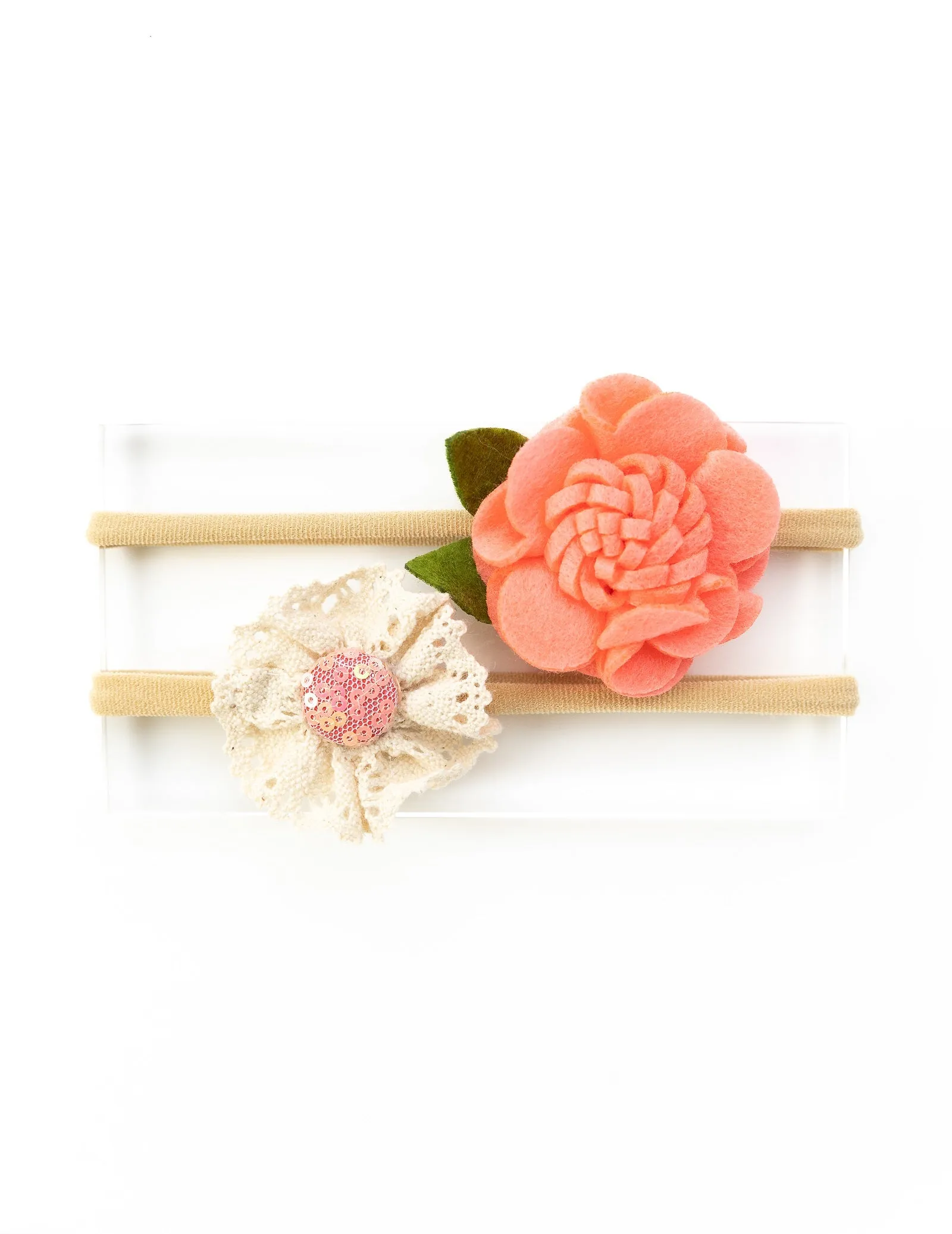 Felt & Lace Flower Headband- Peach & White