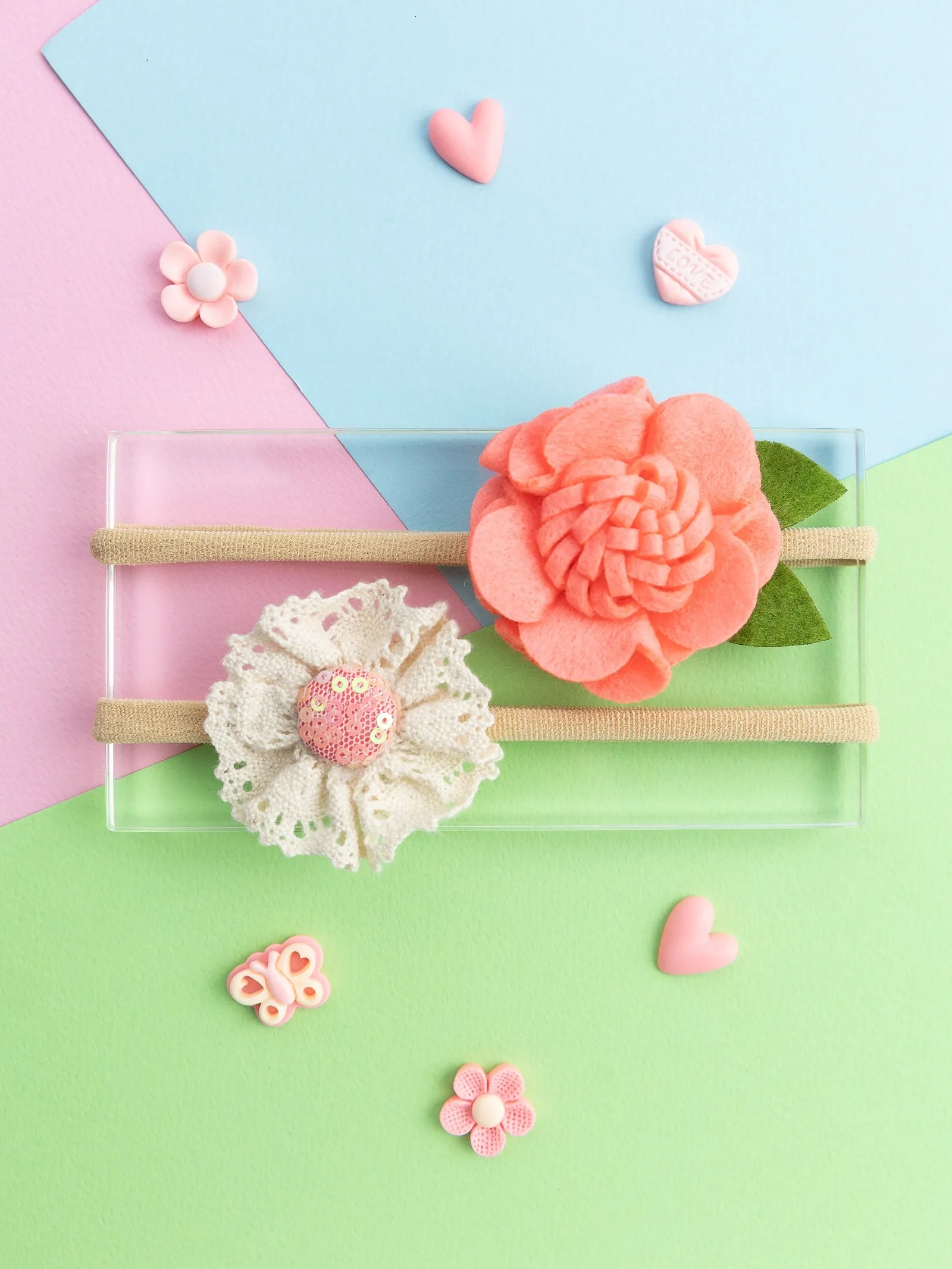 Felt & Lace Flower Headband- Peach & White