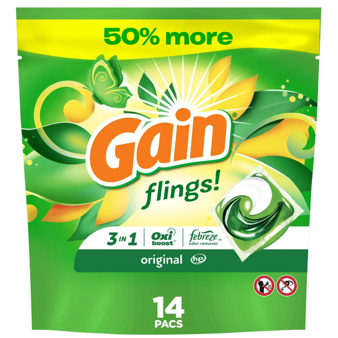 Gain Flings Laundry Detergent Packs with Oxi Boost and Febreze, 14 Count