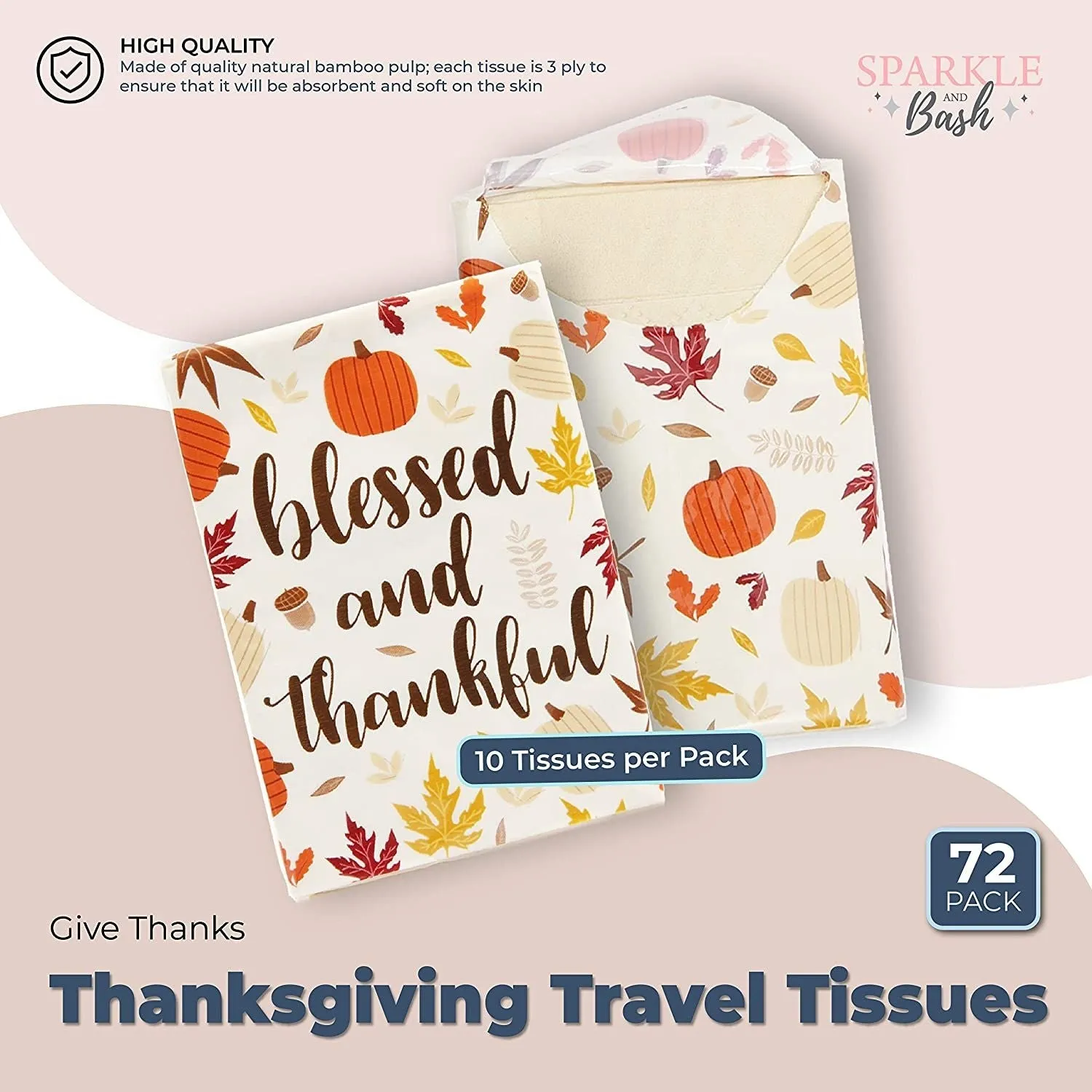 Give Thanks Pocket Tissues, Thanksgiving Travel Size Tissue Packs (72 Packs)