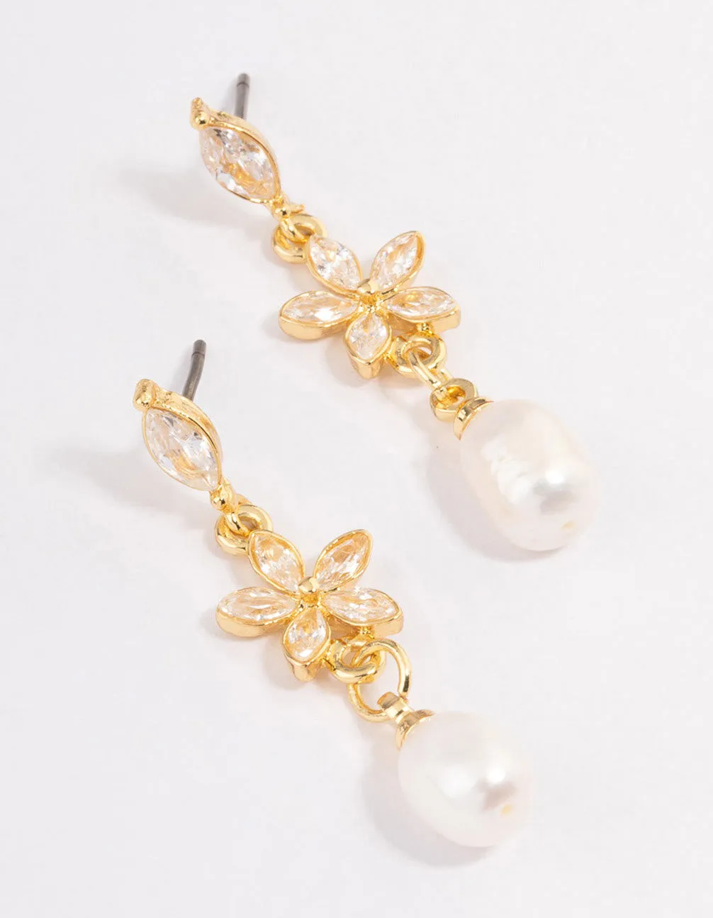 Gold Plated Cubic Zirconia Flower Freshwater Pearl Earrings