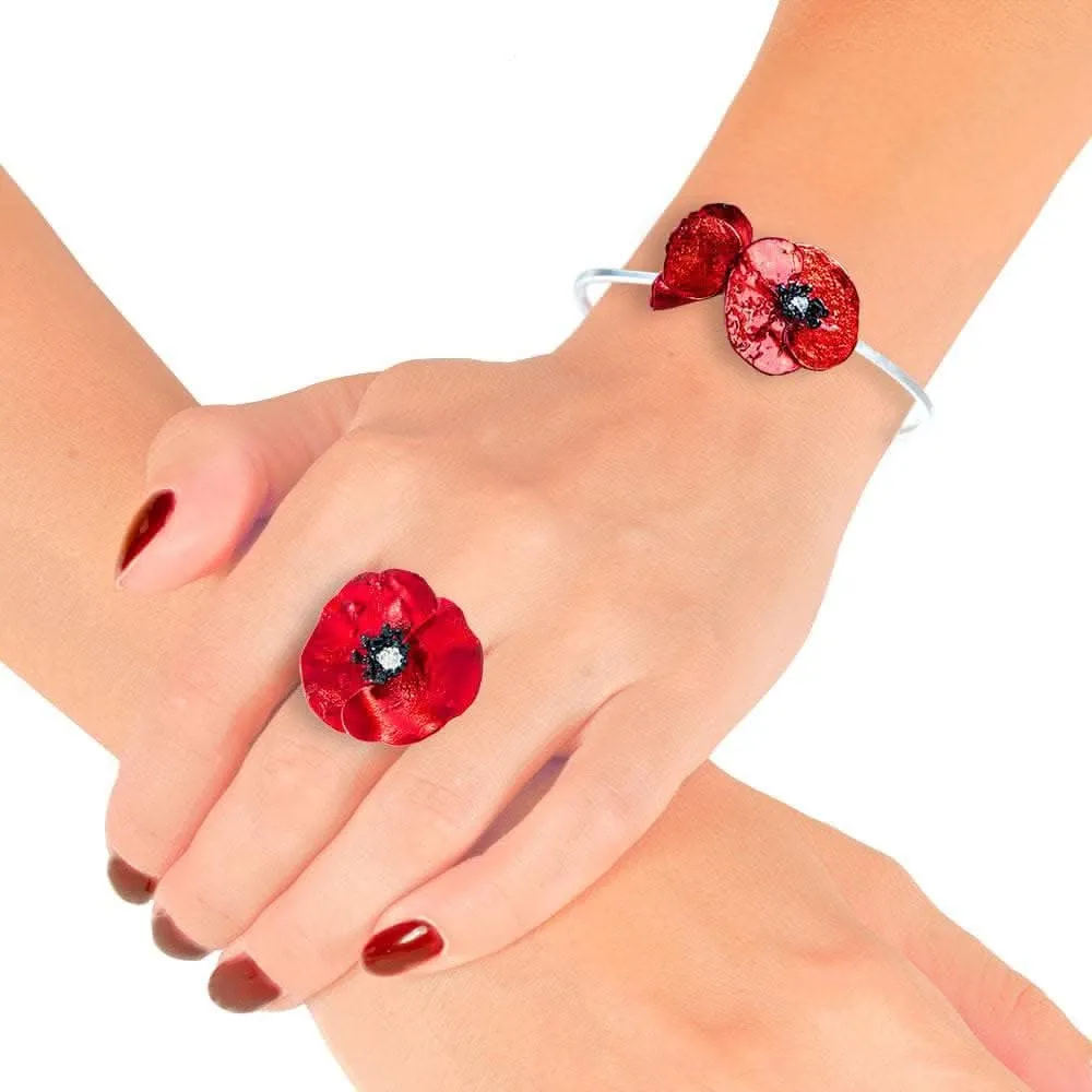 Handmade Silver Bracelet With Two Red Poppy Flowers