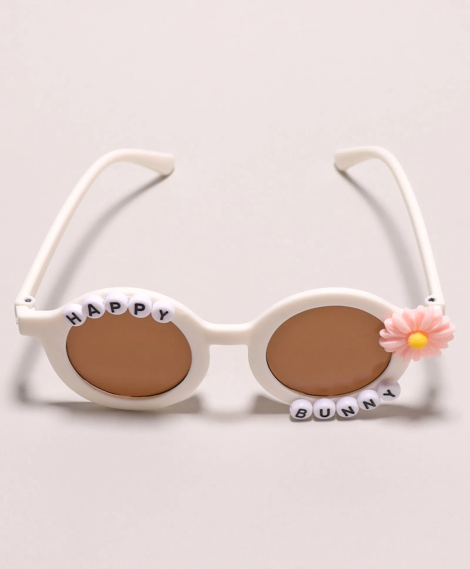 HAPPY BUNNY & FLOWER APPLIQUE ROUND SUNGLASSES - WHITE