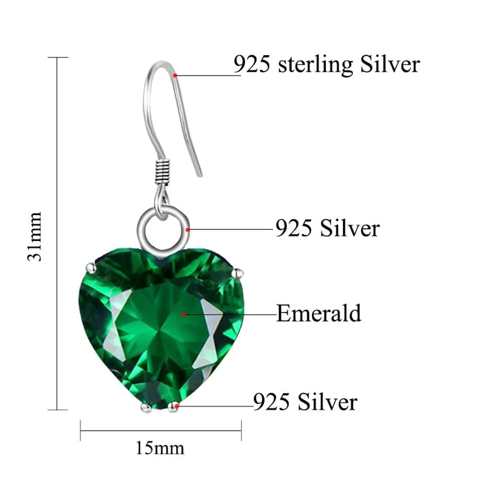 Heart Shape Emerald Drop Earrings - 925 Sterling Silver