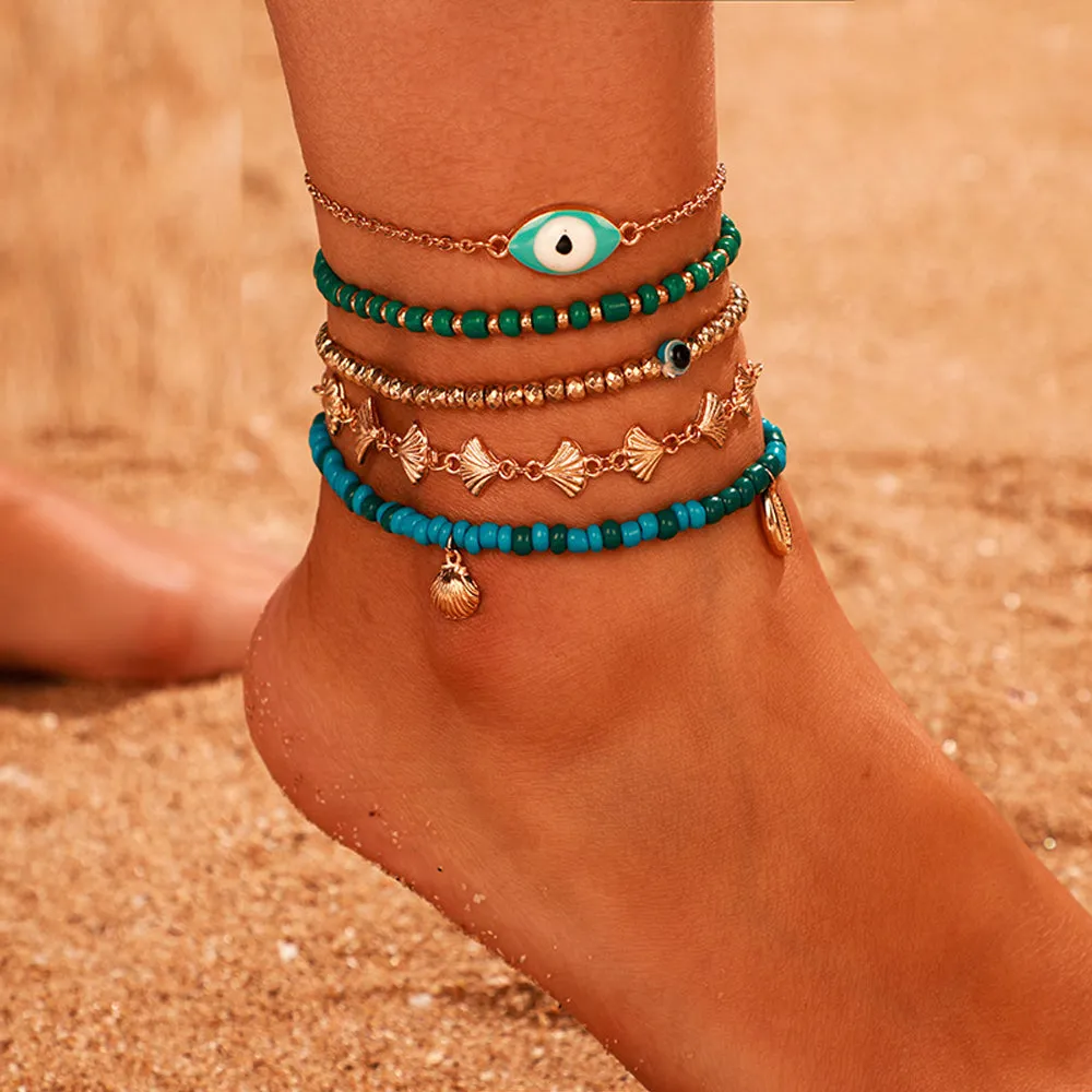 Lucky Eye Shell Turkish Evil Eye Anklet Set