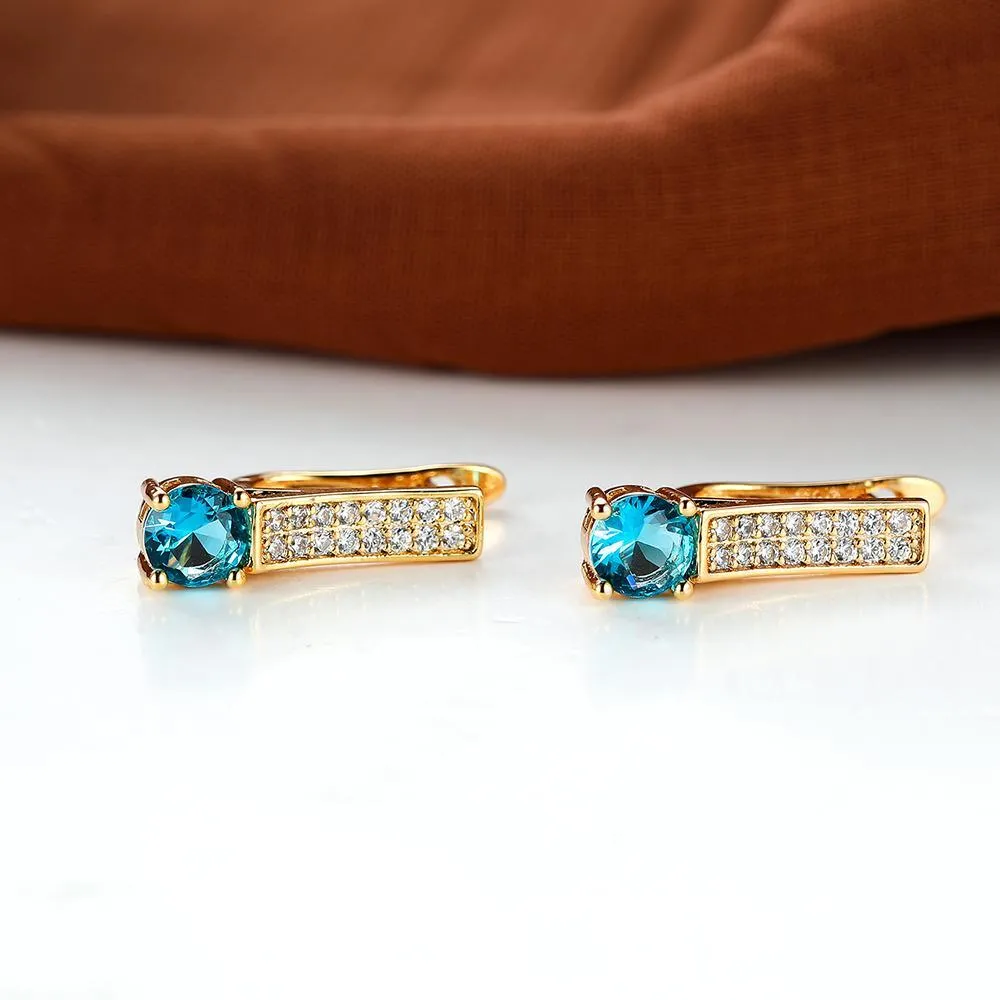 Luxury Gold Color Round Cut Aqua Blue Stone Drop Earrings Elegant Clip Earring Wedding Jewelry Party Gift