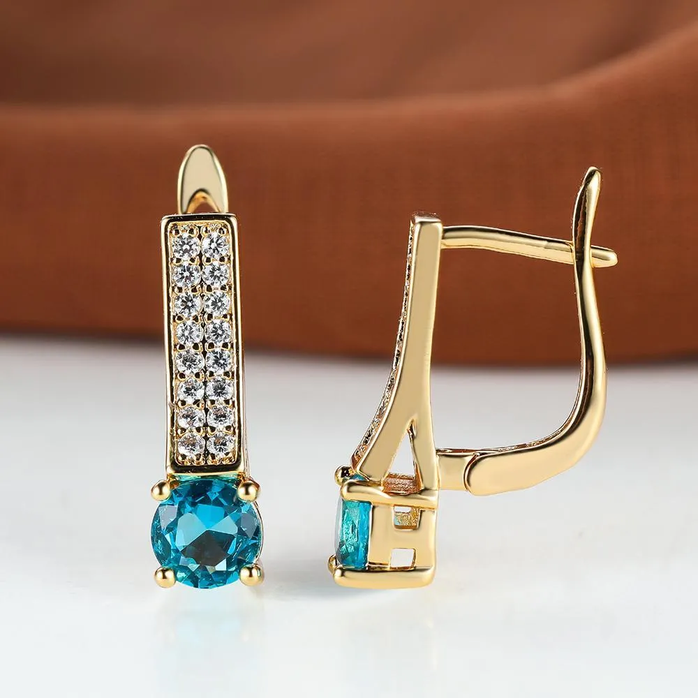 Luxury Gold Color Round Cut Aqua Blue Stone Drop Earrings Elegant Clip Earring Wedding Jewelry Party Gift