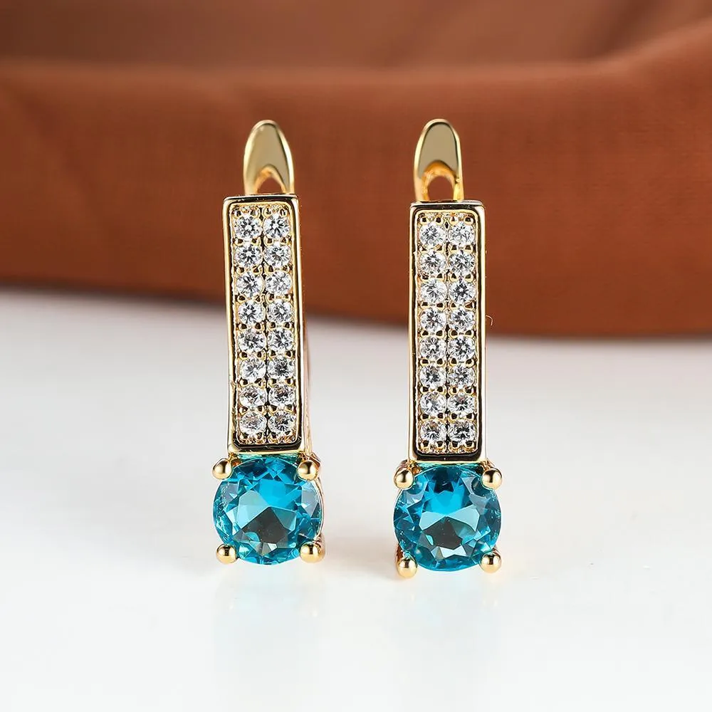 Luxury Gold Color Round Cut Aqua Blue Stone Drop Earrings Elegant Clip Earring Wedding Jewelry Party Gift