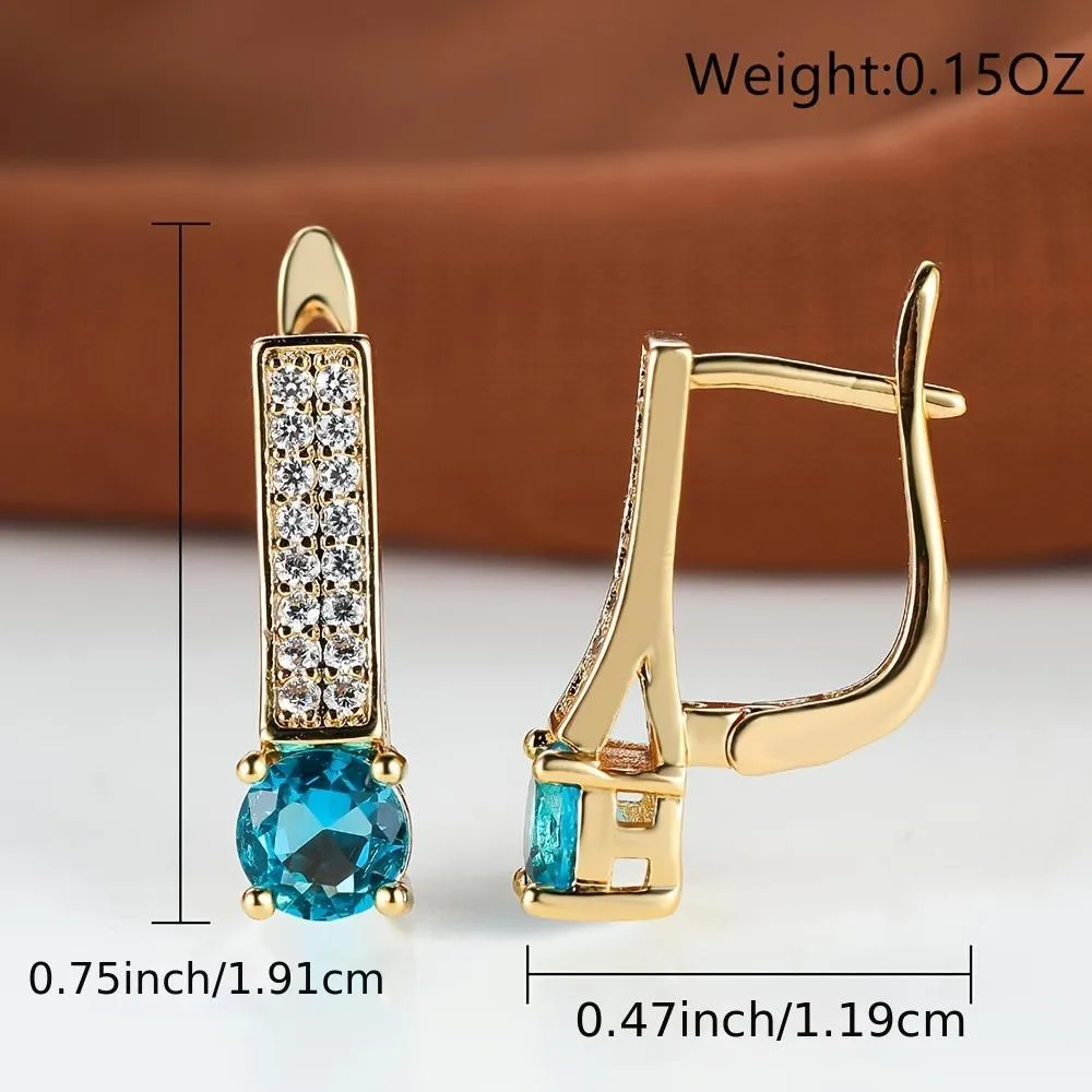 Luxury Gold Color Round Cut Aqua Blue Stone Drop Earrings Elegant Clip Earring Wedding Jewelry Party Gift