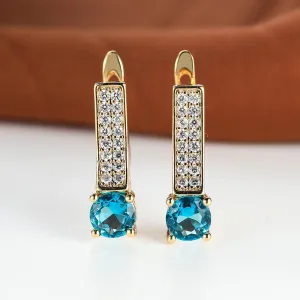 Luxury Gold Color Round Cut Aqua Blue Stone Drop Earrings Elegant Clip Earring Wedding Jewelry Party Gift