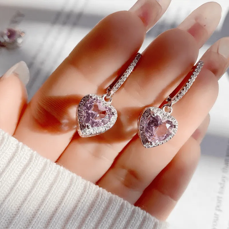 Pink Elegant Crystal Heart Earrings