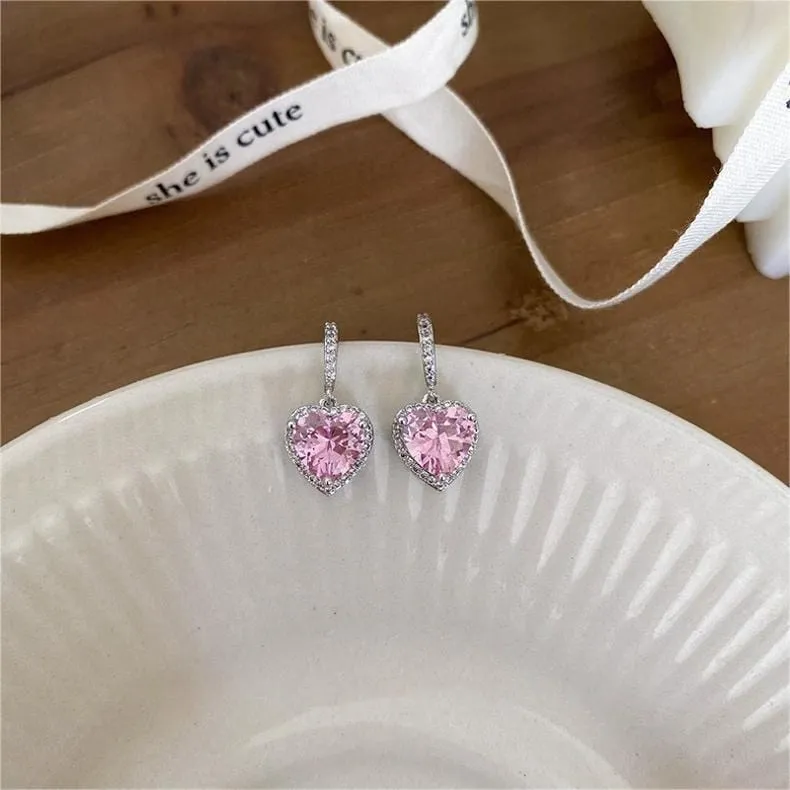 Pink Elegant Crystal Heart Earrings