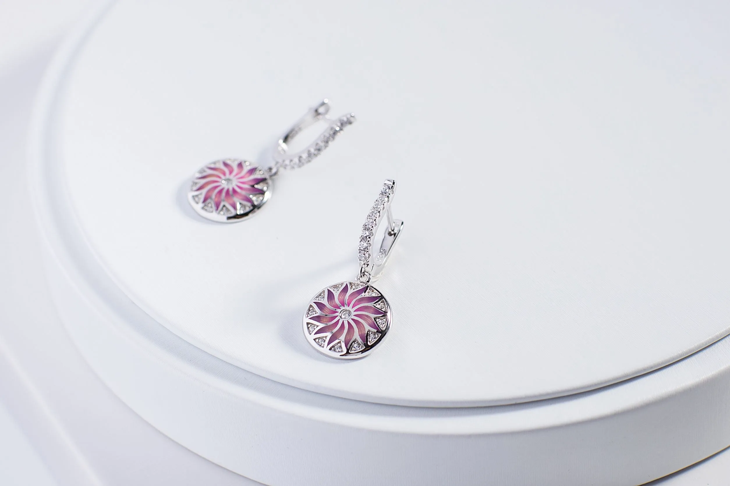 Pink Enamel Datura Stramonium Drop Earrings