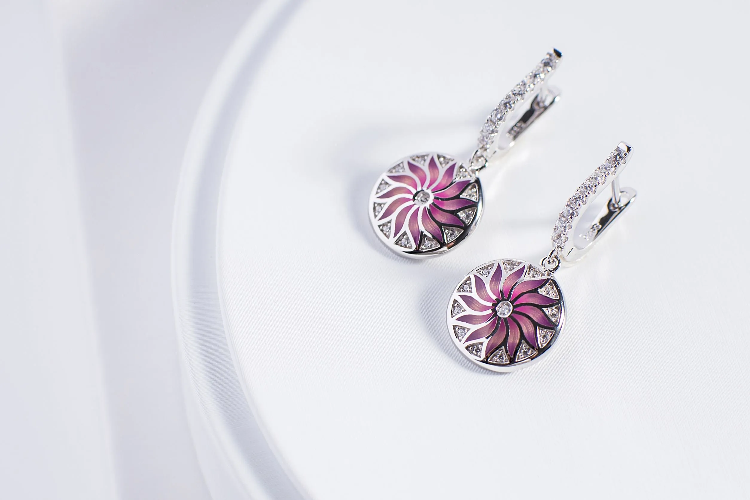 Pink Enamel Datura Stramonium Drop Earrings