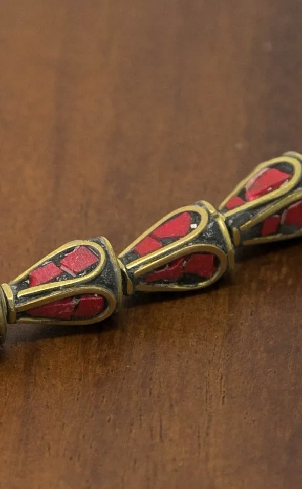 Red Coral Resin Inlaid Brass Tibetan Cone Beads for Artistic Project-  C9