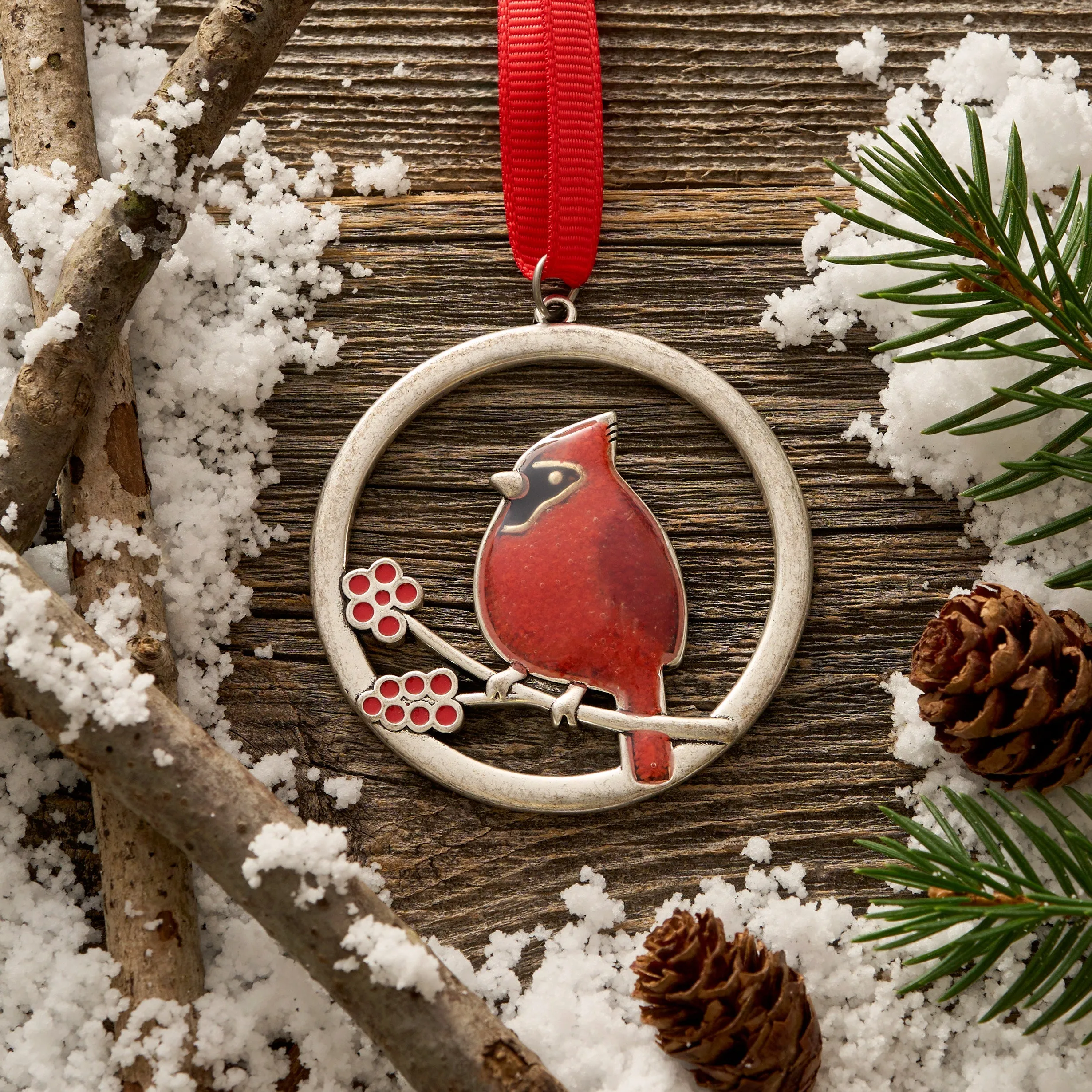 Red Glass Cardinal Branch Ornament