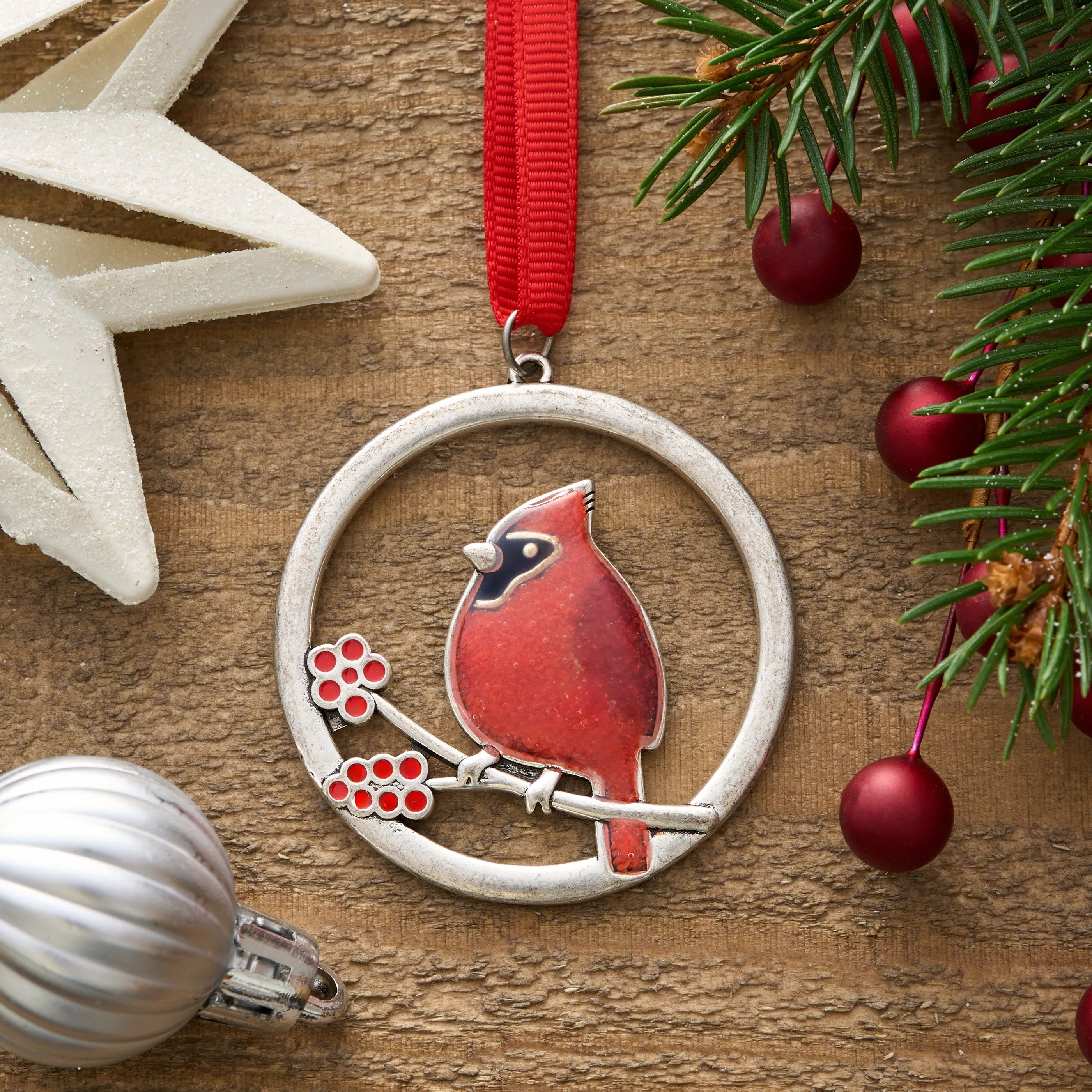 Red Glass Cardinal Branch Ornament