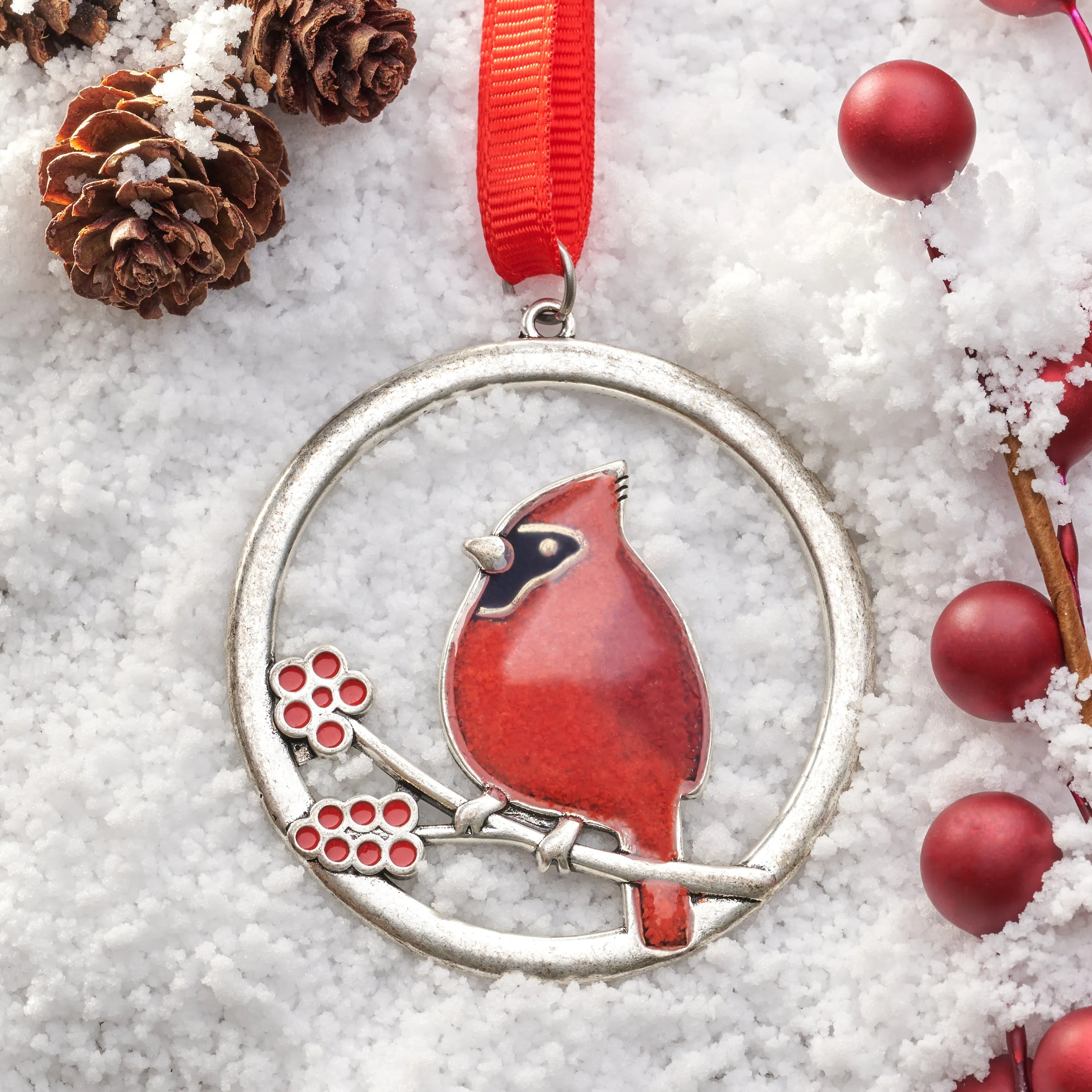 Red Glass Cardinal Branch Ornament