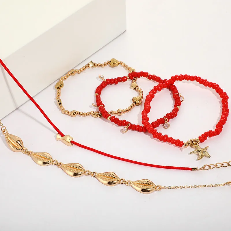 Red String Anklet Set Ethnic Style Shell Fish