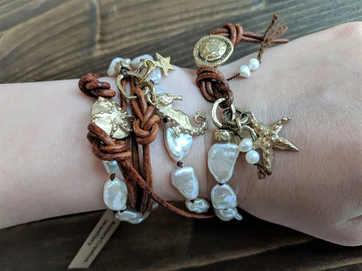 Seahorse Boho Baroque Pearl Leather Wrap Bracelet - Necklace 2in1