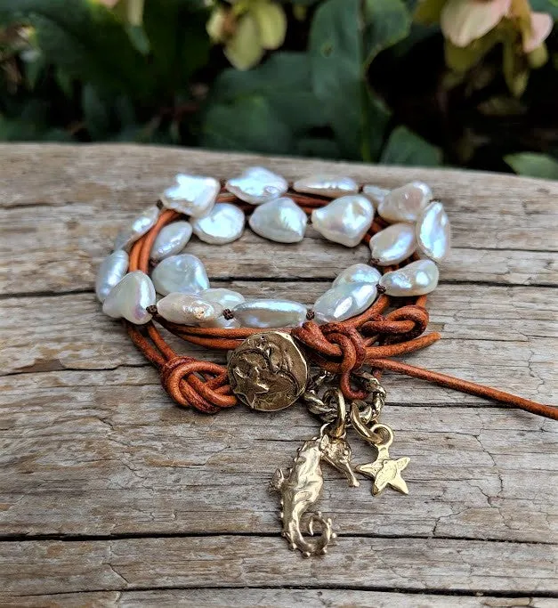 Seahorse Boho Baroque Pearl Leather Wrap Bracelet - Necklace 2in1