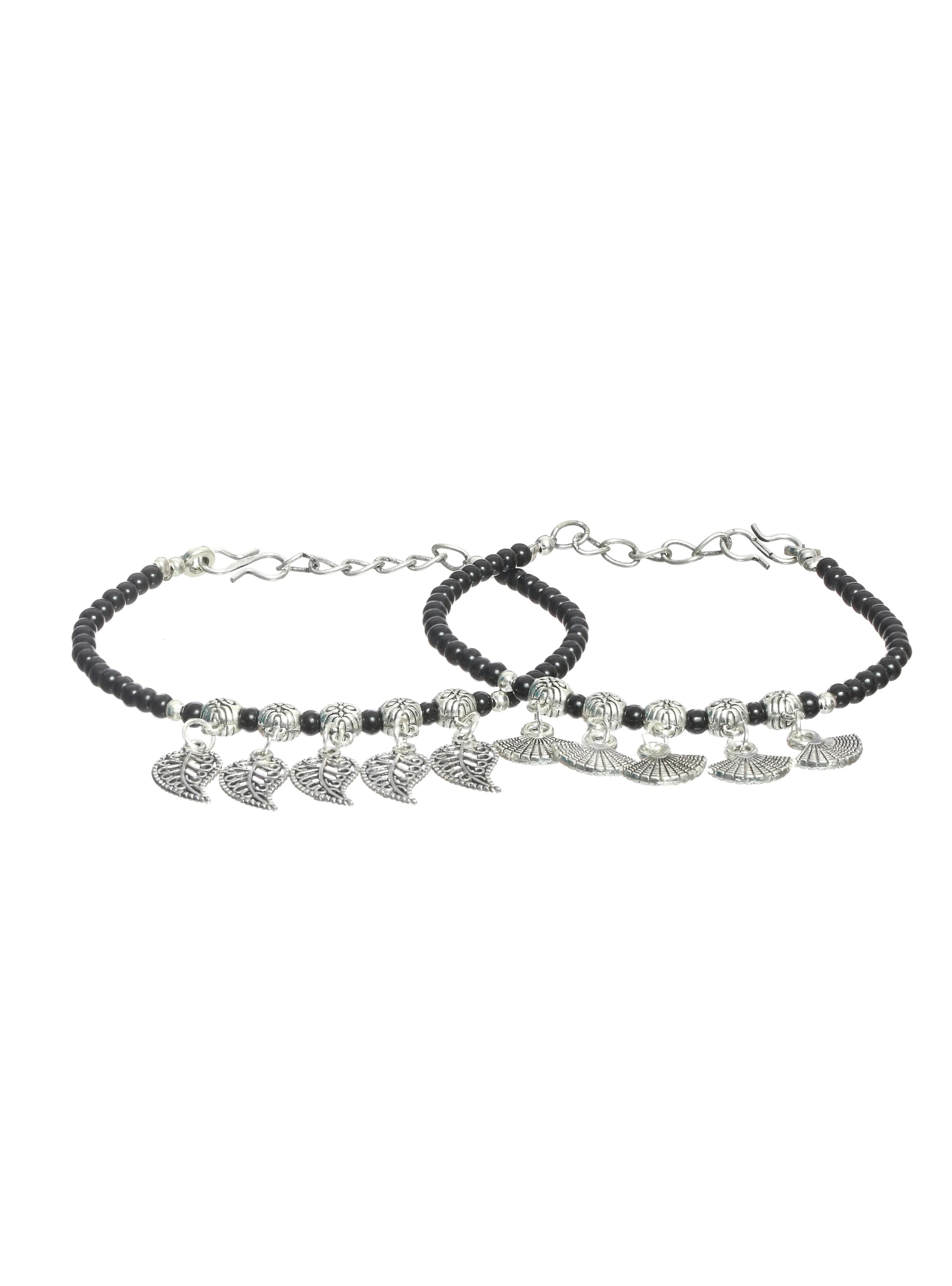 Set Of 2 Black & Silver-Toned Bracelet/Anklets