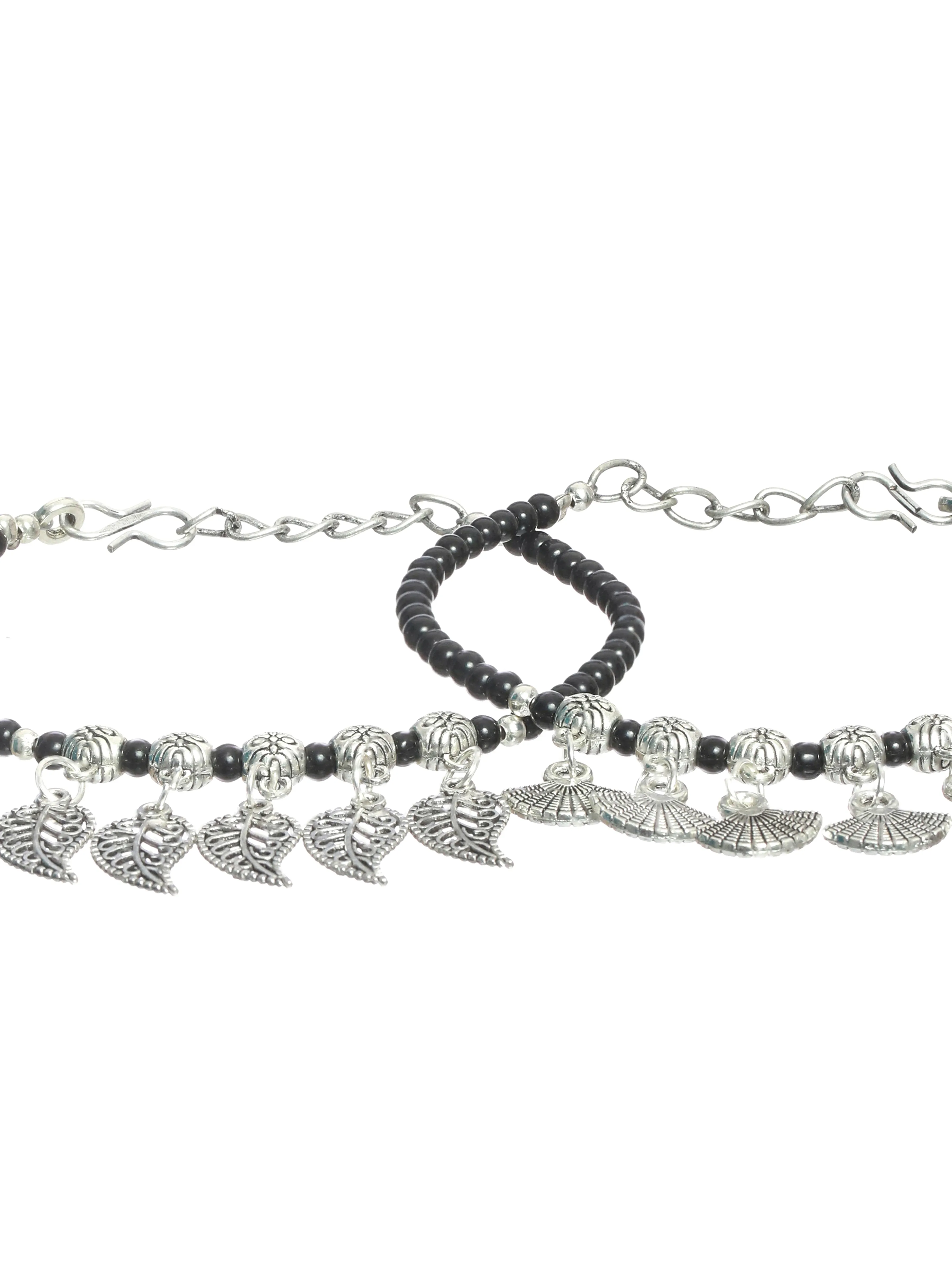 Set Of 2 Black & Silver-Toned Bracelet/Anklets