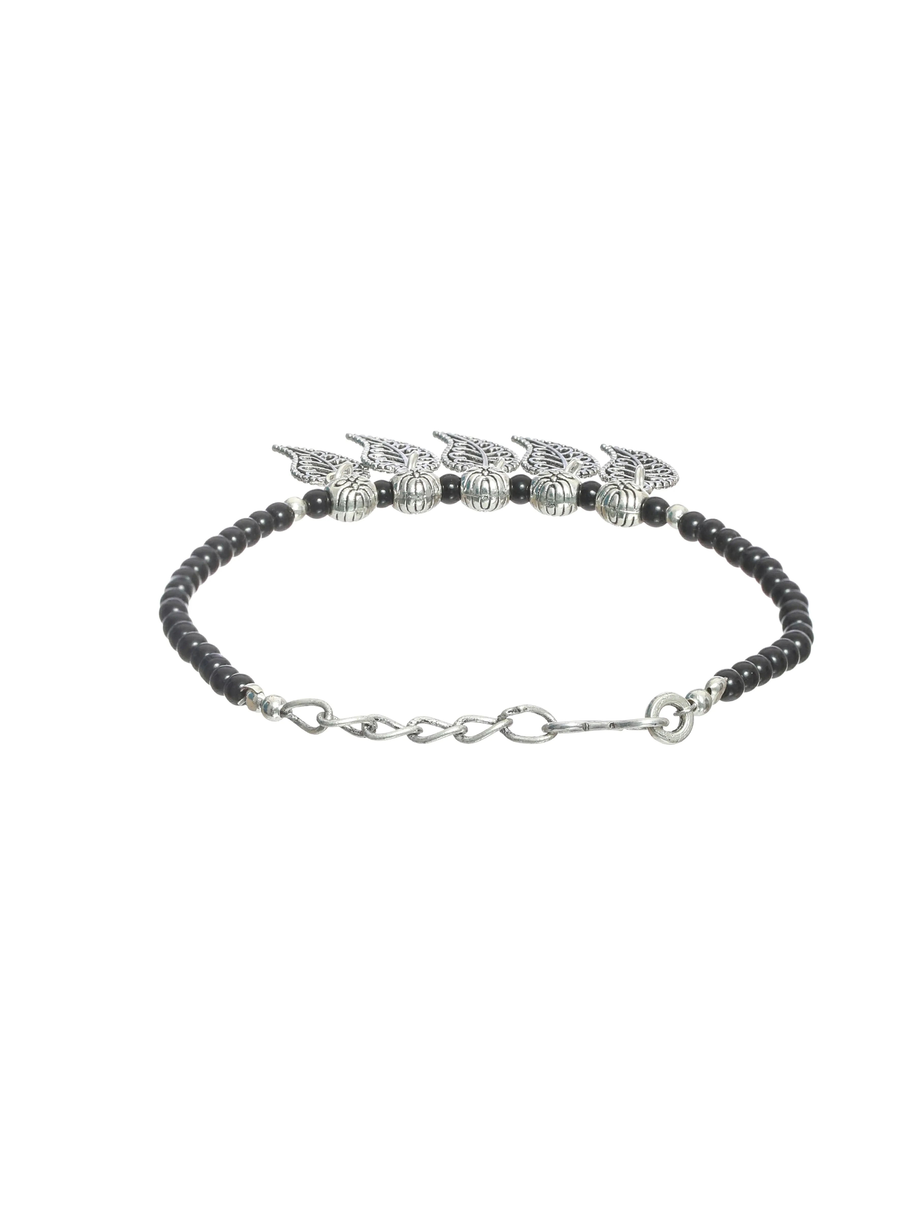 Set Of 2 Black & Silver-Toned Bracelet/Anklets