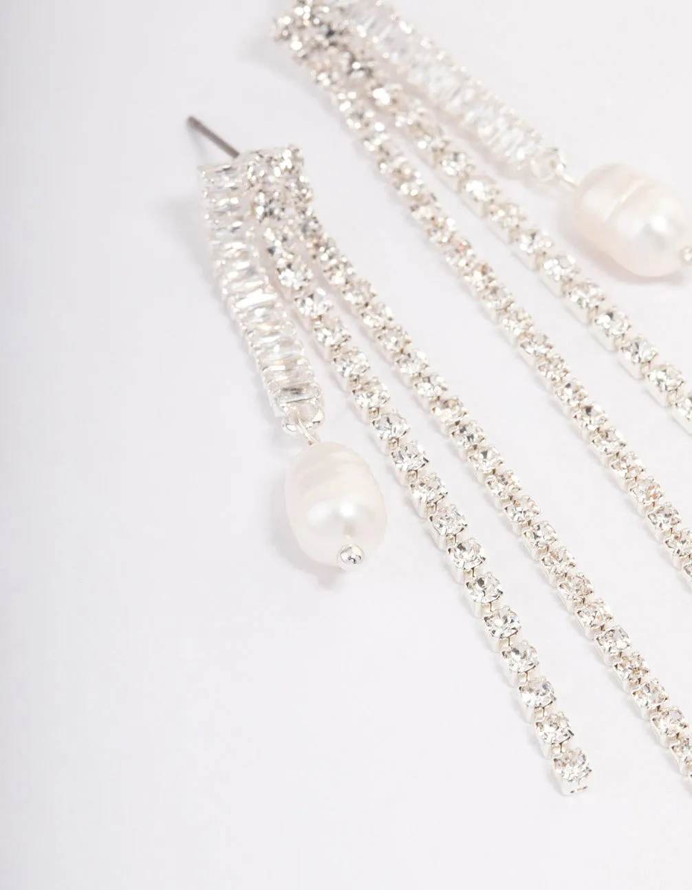 Silver Plated Cubic Zirconia Cupchain Pearl Drop Earrings