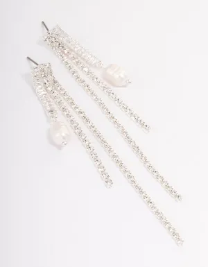 Silver Plated Cubic Zirconia Cupchain Pearl Drop Earrings