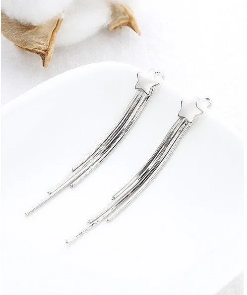 Star Tassel Hoop Earrings| Metal Tassel| Long Statement Earrings| Wedding| Party| Silver Tassel Earrings