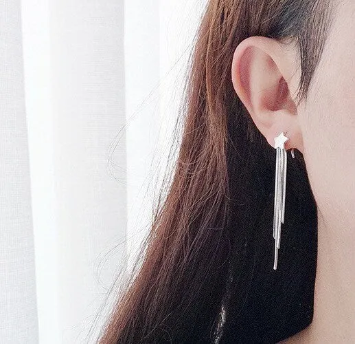 Star Tassel Hoop Earrings| Metal Tassel| Long Statement Earrings| Wedding| Party| Silver Tassel Earrings