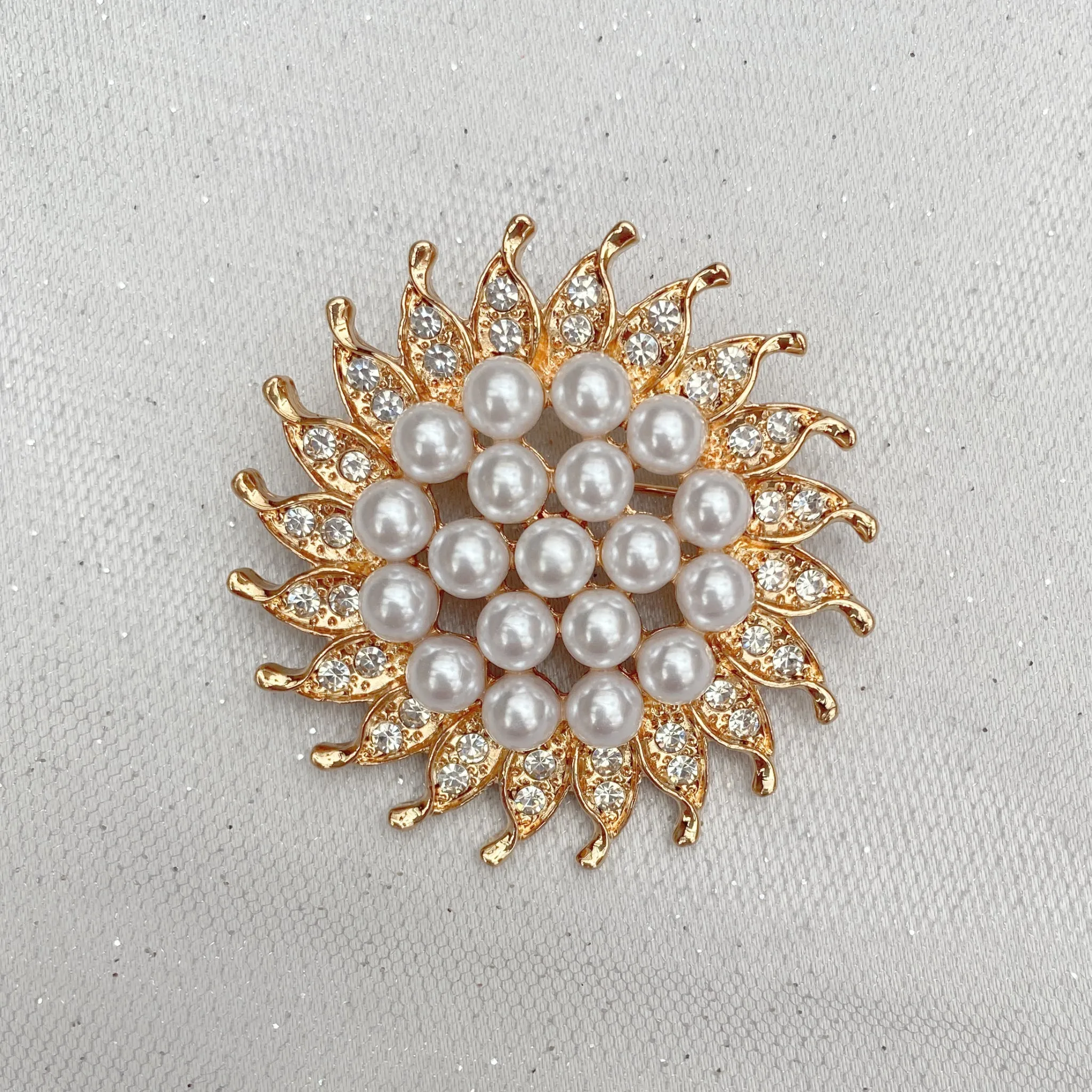 Sunflower Brooch with Pearl and Crystal in Silver or Gold