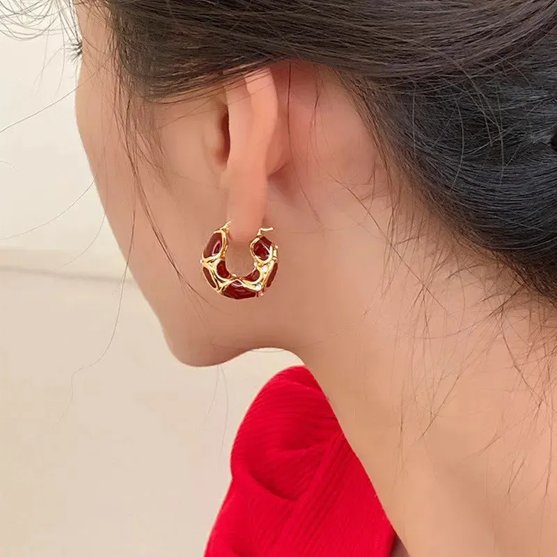 Trendy Gold-Plated Vintage Enamel Hoop Earrings