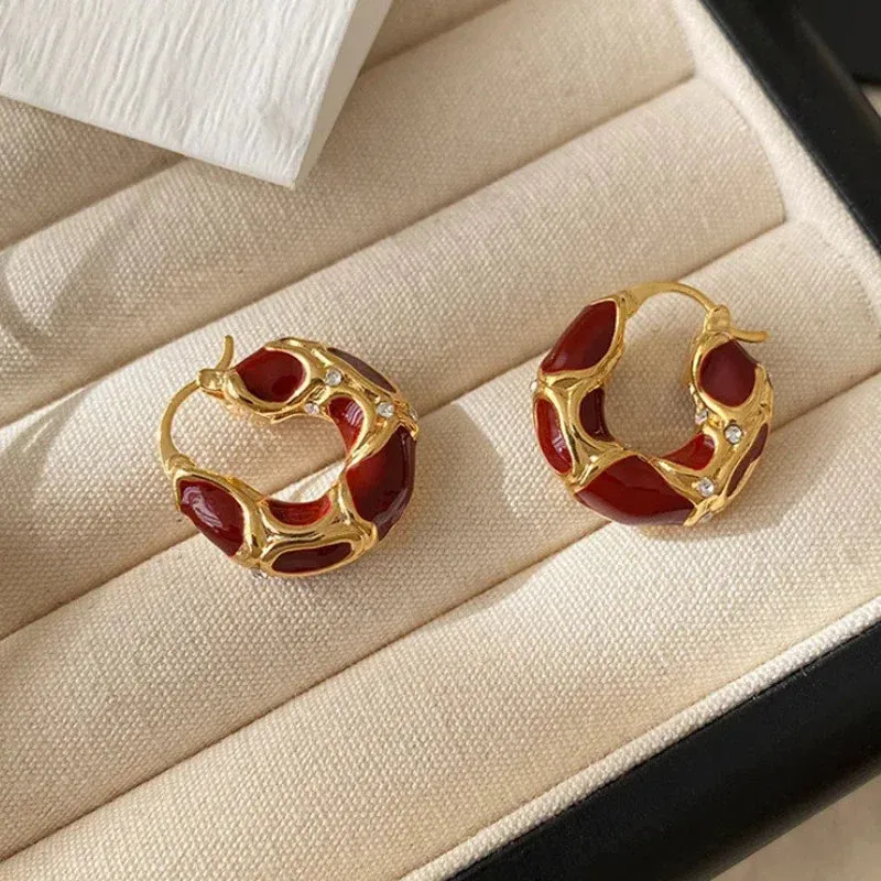 Trendy Gold-Plated Vintage Enamel Hoop Earrings