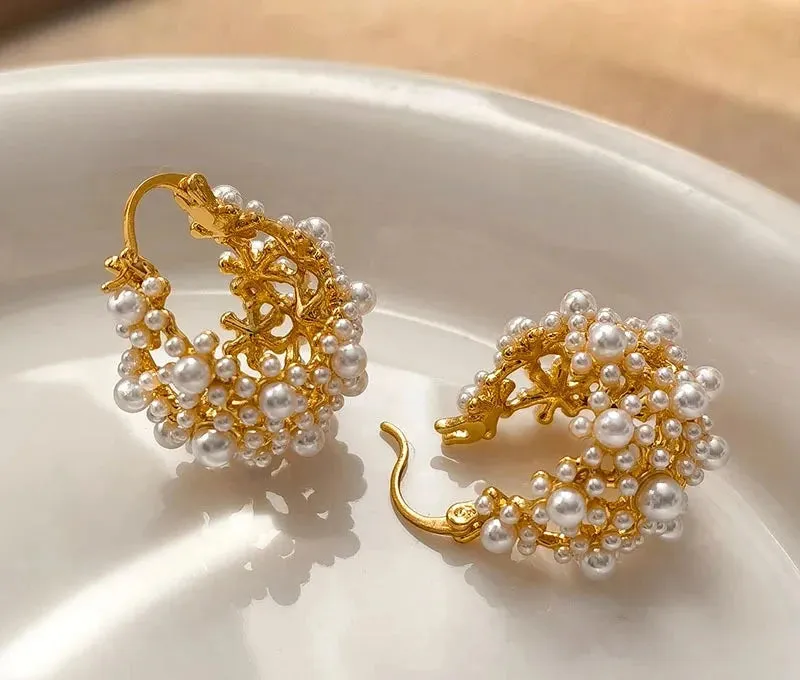 VAIGE Elegant Floral Pearl Hoop Earrings