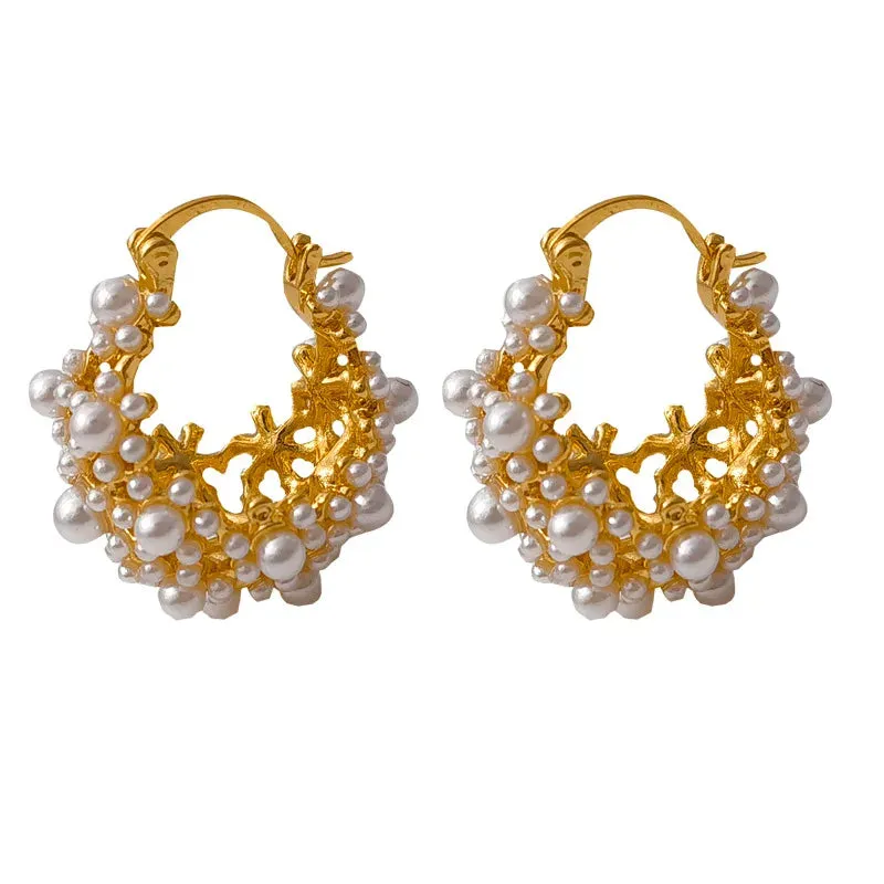 VAIGE Elegant Floral Pearl Hoop Earrings