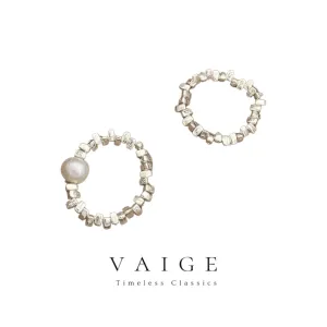 VAIGE Whimsical Irregular Silver and White Beaded Stretch Ring