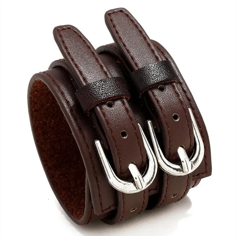 Vintage Irregular Men Genuine Leather Bracelets Wide Brown Cuff Wrap Bracelets;Bangles Punk Wristband Women Men Jewelry