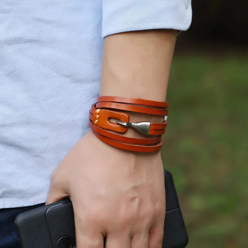 Vintage Irregular Men Genuine Leather Bracelets Wide Brown Cuff Wrap Bracelets;Bangles Punk Wristband Women Men Jewelry