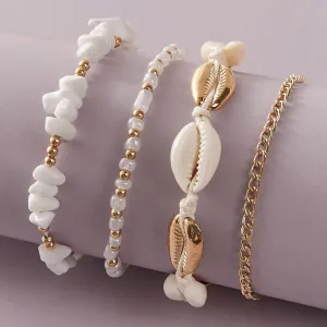 White Small Gravel Beach Shell Rice Bead Braided Anklet 4-piece Set