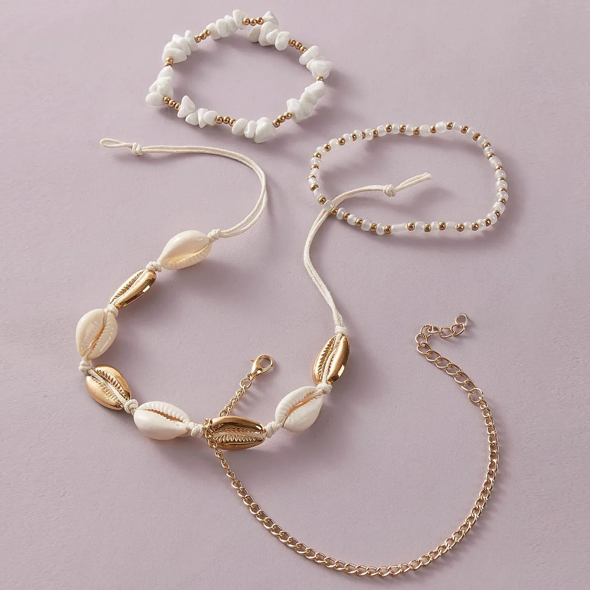 White Small Gravel Beach Shell Rice Bead Braided Anklet 4-piece Set